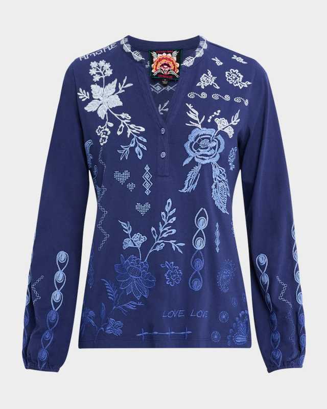 Laura Floral-Embroidered Cotton Henley T